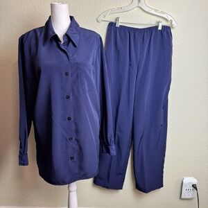 VTG Basic Editions Women's Outfit Top Pants Navy Size 10/8 Button Elastic Waist